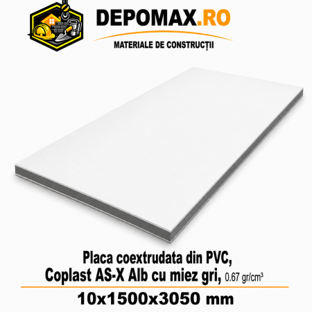 Placa coextrudata PVC Coplast AS-X Alb cu miez gri 0.67 g/cm3, 10x1500x3050 mm